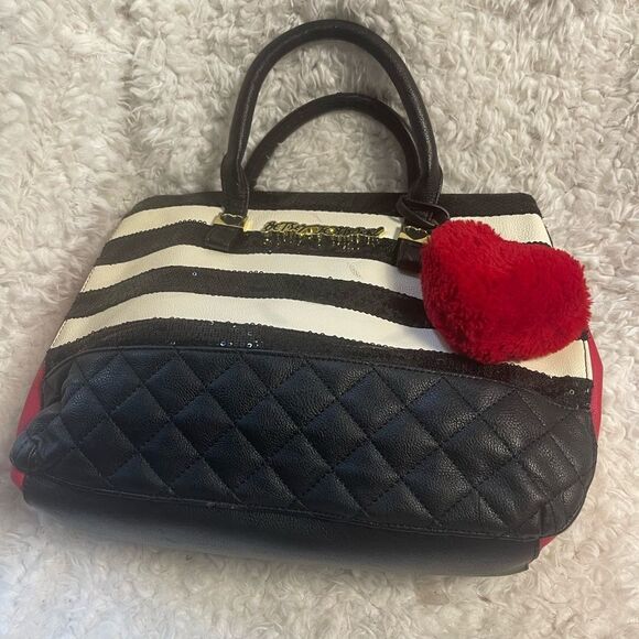 Betsey Johnson Synthetic Black sequins and White Striped satchel red accents - Picture 7 of 13